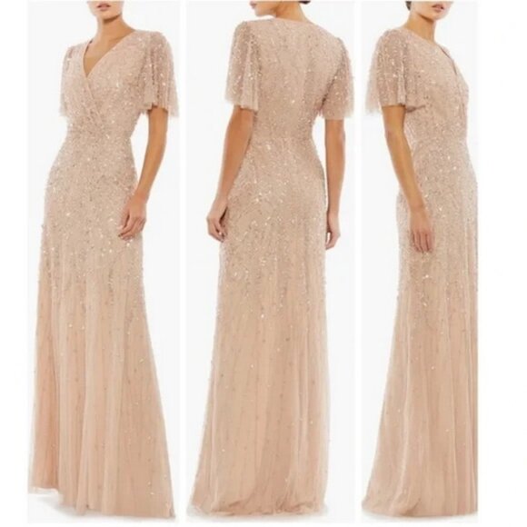 Mac Duggal Nude Beaded Leaves Butterfly Sleeve Gown